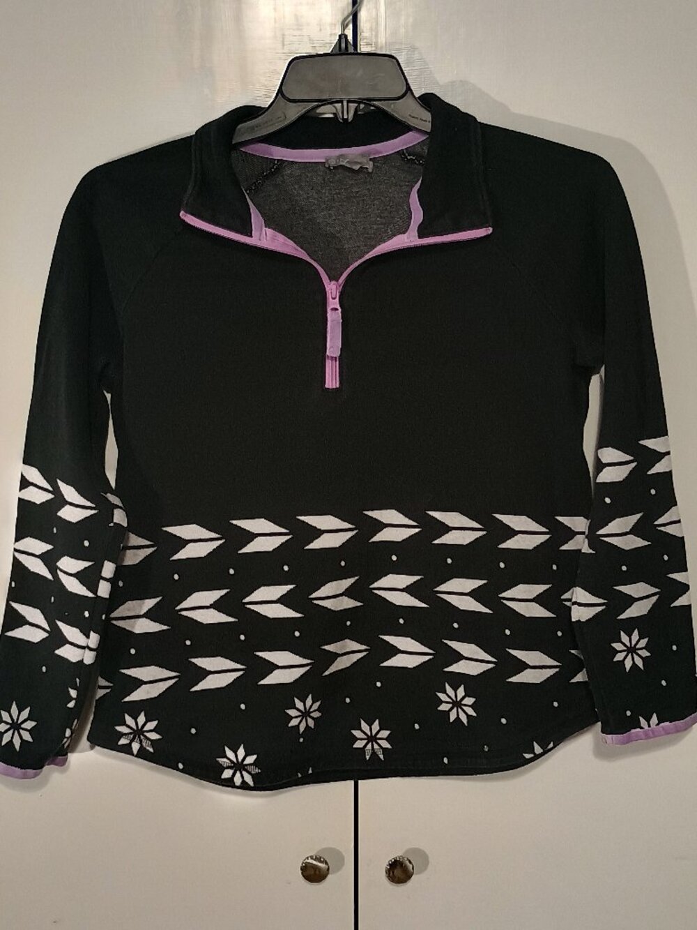 T by Talbots Medium Black White Fair Isle Quarter Zip Sweater Lavender Trim Cott - Picture 2 of 8